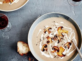 Seared mushroom slices top rich Mushroom, Mustard and Madeira Soup, an elegant first course for a dinner party.