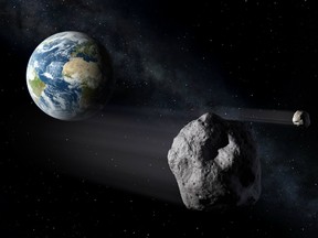 An illustration of a near-Earth object, or NEO, flying by Earth.