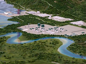 A model at the LNG Canada offices in Kitimat, B.C., shows the proposed liquified natural gas liquification plant and marine terminal.