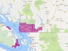 Communities affected by the revised B.C. speculation tax are shown in purple, including Metro Vancouver, the Capital Regional District (excluding the Gulf Islands and Juan de Fuca), Nanaimo-Lantzville, Abbotsford, Mission, Chilliwack, Kelowna and West Kelowna.