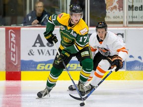 Powell River Kings forward Ben Berard, who has commited to Cornell University, defends the puck against Trail Smoke Eaters forward Ross Armour, who is heading to Bemidji State University. Berard is the Kings leading goal scorer in the BCHL playoffs with 8 goals and 6 assists in 11 games.
