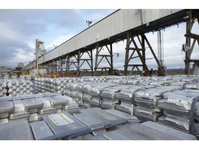 Aluminum stacked on the wharf at Kitimat B.C., ready to be shipped to market from Rio Tinto's aluminum smelter in the port town.