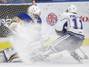 Victoria Royals sniper Matthew Phillips, shown here scoring on the Saskatoon Blades, has been named to the WHL West All-Star team. Phillips and the Royals face the Vancouver Giants in the first round of the WHL playoffs on Friday.
