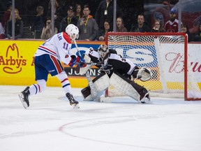 Trent Miner stops Jaret Anderson-Dolan in the shootout to help preserve a Giants' victory over the Chiefs on Saturday.