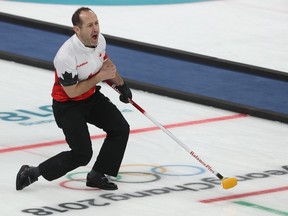 Brent Laing, who curled second for Kevin Koe’s Canada rink at the 2018 Winter Olympics in PyeongChang, South Korea, reacts after his shot during the bronze medal match against Switzerland on Feb. 23, 2018.