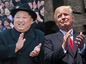 This combination of pictures created on March 09, 2018 consists of an undated picture released from North Korea's official Korean Central News Agency on January 17, 2018 showing North Korean leader Kim JongUn visiting the newly-renovated Pyongyang Teachers' University in Pyongyang, and U.S. President Donald Trump applauding as he stands in front of the Warsaw Uprising Monument on Krasinski Square during the Three Seas Initiative Summit in Warsaw, Poland, on July 6, 2017.