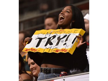 A fan holds a "Try" sign during the HSBC Canada Men's Sevens at BC Place Stadium in Vancouver on March 10, 2018.