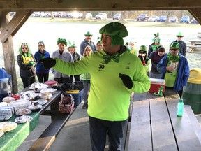 Dennis Nicolato, the affable coordinator of Aldergrove's Sun Run InTraining Clinic, directed traffic on St. Patrick's Day at Aldergrove Regional Park, where runners and walkers from Langley and Aldergrove dressed up for their annual combined clinics workout.