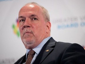 British Columbia Premier John Horgan participates in a question and answer session after giving a post-budget address to the Greater Vancouver Board of Trade in Vancouver, B.C., on Friday February 23, 2018.