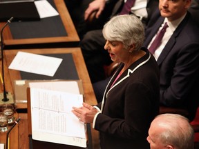 Finance Minister Carole James delivers the budget speech from the legislative assembly at Legislature in Victoria, B.C., on Tuesday, February 20, 2018.