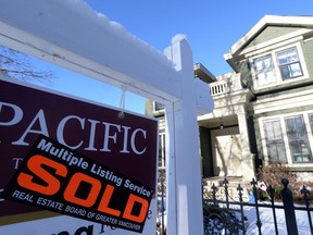 A real estate sold sign is shown outside a house in Vancouver, Tuesday, Jan.3, 2017.