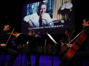 A string quartet plays for guests arriving to remember and celebrate former NDP Premier Dave Barrett during a state memorial service in the Farquhar Auditorium at the University of Victoria on Saturday, March 3, 2018.