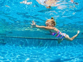 In this stock photo, a young girl swims in a pool taken by an underwater camera.