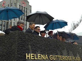 Defence Minister Harjit Sajjan, Mayor Gregor Robertson and members of Vancouver City Council unveiled the Helena Gutteridge Plaza, a newly refurbished public space in front of City Hall.