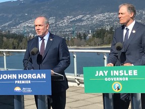 Premier John Horgan was joined by Washington Gov. Jay Inslee to announce that B.C. will contribute $300,000 toward an in-depth study with Washington state on the concept of a corridor service that would cut travel times between Vancouver and Seattle to about 60 minutes, from three hours.