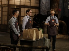 From left to right, Jason Golbey (director of business strategies), Thomas Buchan (co-founder) and Ryland Haggis (director of marketing) appear during a filming for CBC's Dragons' Den in April 2017. Their episode, pitching Fuud Canada, will air on Thursday, March 8, 2018.