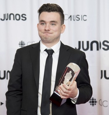 Riley Bell celebrates his Juno for Recording Engineer of the Year at the Juno Gala Dinner and Awards show in Vancouver, Saturday, March 24, 2018.