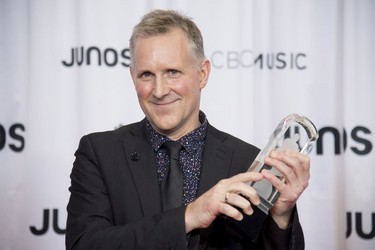 Mike Downes celebrates his Juno for Jazz Album of the Year at the Juno Gala Dinner and Awards show in Vancouver, Saturday, March 24, 2018.