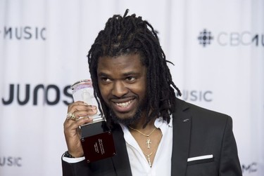 Kirk Diamond celebrates his Juno Award for Reggae Recording of the Year at the Juno Gala Dinner and Awards show in Vancouver, Saturday, March 24, 2018.
