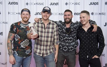 The James Barker Band celebrate their Juno for Country Album of the Year at the Juno Gala Dinner and Awards show in Vancouver, Saturday, March, 24, 2018.