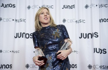 Diana Krall celebrates her Junos for Vocal Jazz Album of the Year and Producer of the Year at the Juno Gala Dinner and Awards show in Vancouver, Saturday, March 24, 2018.
