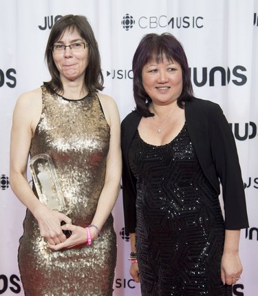 Jocelyn Morlock (left) poses for a photo with her Juno for Classical Composition of the Year with Carol Todd at the Juno Gala Dinner and Awards show in Vancouver, Saturday, March 24, 2018.