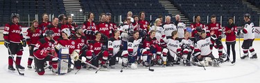 Juno Cup players pose for a group photo as they take to the ice for a practice at the Bill Copeland Sports Centre in Burnaby on March 22, 2018.