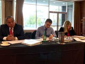Members of the committee reviewing B.C.'s Lagour Relations Code, (from left) Barry Dong, chairman Michael Fleming and member Sandra Banister during a public meeting March 28, 2018 at the Pinnacle Hotel Vancouver Harbourfront.