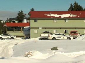 RCMP at the Copper Valley Motel in Logan Lake where a man was stabbed to death.