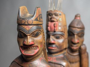 Shaman, Chief and Human wood sculpture by an uncredited artist from Haida Now exhibition at Museum of Vancouver.