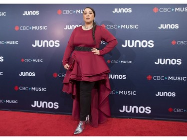Neula Charles arrives on the red carpet at the Juno Awards in Vancouver, Sunday, March, 25, 2018.