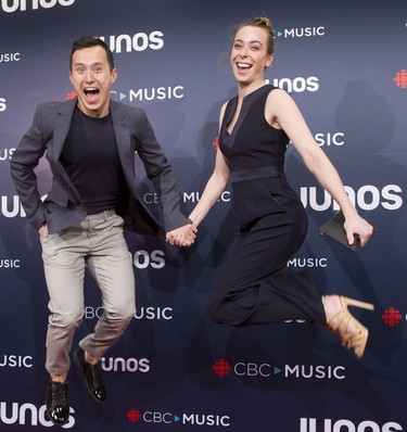 Patrick Chan and Elizabeth Putman arrive on the red carpet at the Juno Awards in Vancouver, Sunday, March, 25, 2018.