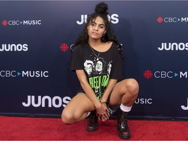 Jessie Reyez arrives on the red carpet at the Juno Awards in Vancouver, Sunday, March, 25, 2018.