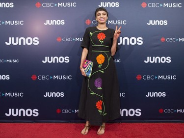 Alysha Brilla arrives on the red carpet at the Juno Awards in Vancouver, Sunday, March, 25, 2018.