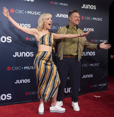Splash n Boots arrive on the red carpet at the Juno Awards in Vancouver, Sunday, March, 25, 2018.
