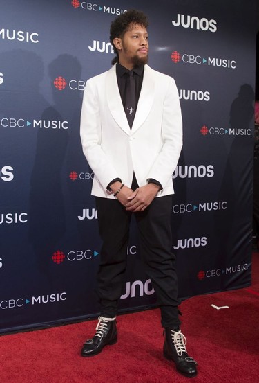 Jhyve arrives on the red carpet at the Juno Awards in Vancouver, Sunday, March, 25, 2018.