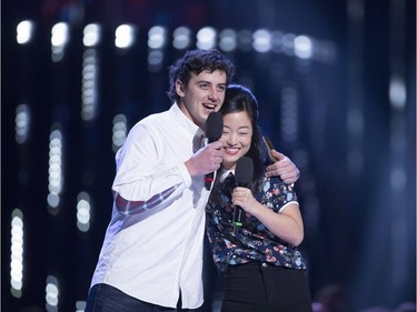 Presenters Mark McMorris and Andrea Bang present at the Juno Awards in Vancouver, Sunday, March, 25, 2018.