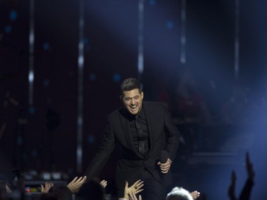 Host Michael Buble is shown on stage at the Juno Awards in Vancouver, Sunday, March, 25, 2018.