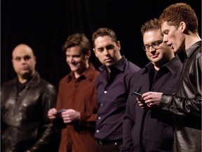 Members of The Barenaked Ladies, from left, Tyler Stewart, Kevin Hearn, Ed Robertson, Steven Page and Jim Creeggan, read the nominees for the 2002 Junos at a news conference in Toronto on Feb. 11. Barenaked Ladies aren't getting back together with Steven Page, but for a few minutes at the Junos it might almost feel that way. Nearly a decade after the co-founder of Canada's boisterous pop buddies departed, Page has confirmed he'll stand alongside Ed Robertson and his bandmates as they're inducted into the Canadian Music Hall of Fame.