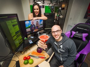 Stacey Roy, also known as @thestaceyroy, and Mike Parkerson at their home and studio in Surrey. Their Twitch shows have an international audience  and they are one of 14 performers competing in a game show contest for $60,000.
