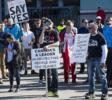 Supporters of the Kinder Morgan's $7.4-billion Trans Mountain oil pipeline expansion rally in Vancouver on March 10, 2018.