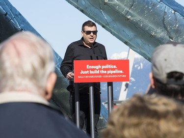 Supporters of the Kinder Morgan's $7.4-billion Trans Mountain oil pipeline expansion rally in Vancouver on March 10, 2018.