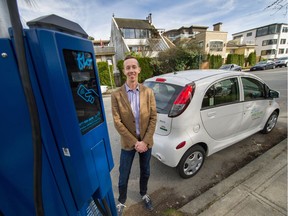 Ian Neville, the City of Vancouver’s policy analyst who wrote the report on EV charging stations, at a charging station in Kitsilano. He says the proposal to install EV-ready stalls in new residential buildings hasn’t met any opposition.