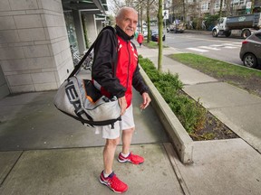 Healthy aging study participant Ivan Vance, at 90, looks set to head off to the courts this week at Vancouver’s Jericho Tennis Club. ‘These guys in their 60s are playing doubles, I don't even think they sweat,’ says Vance, who sticks to singles play. ‘Mostly they don't want to play me anyway, it's too hard on their ego.’ (Photo: Arlen Redekop, PNG)