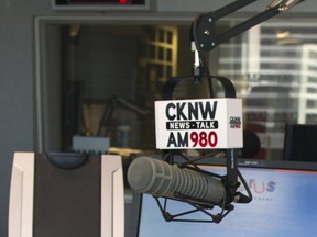 A microphone at CKNW's studios in downtown Vancouver in 2016.