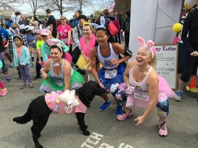 Shelley Hatfield of Aldergrove, right, and her Over The Top Fitness teammates soaked up the fun at last year's Big Bunny Run at Stanley Park. This year's event, set for March 31, will take place at Jericho Beach. Hatfield and her fun crew will be there, too.