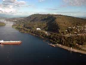 An aerial view of a tanker arriving at Westridge Marine Terminal in Burrard Inlet, the endpoint of the Trans Mountain pipeline.