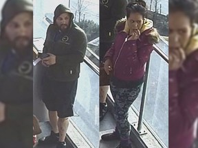 Police are searching for a suspect couple in a violent assault on board a Surrey bus that started over saving a seat and resulted in a broken arm, a cracked sternum and head trauma.