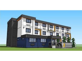 Architectural rendering of temporary modular housing planned for 525 Powell Street. Photo: city of Vancouver. [PNG Merlin Archive]