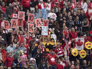 Rugby fans cheer during the Canada vs Australia match at the World Rugby Seven Series at B.C. Place in Vancouver, Saturday, March, 10, 2018.